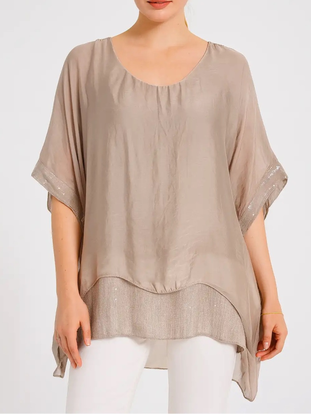 Italian Women’s Silk Flowy Top Blouse Sequence Trim Relaxed Fit Sz L Champagne